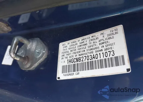 2003 Honda Accord 3.0 Ex z USA, uszkodzony, nr VIN 1HGCM82703A011073